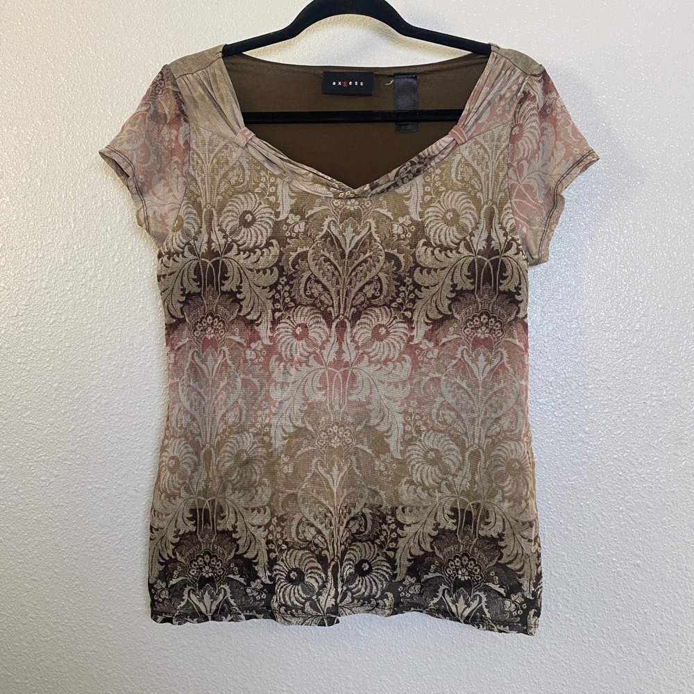 Y2K Brown Top Large Fairycore Forest Fairy Grunge Mesh Paisley Boho Bohemian